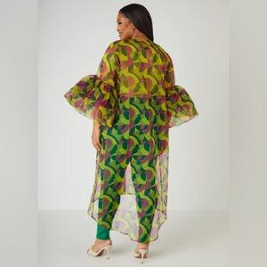 Ashley Stewart Green and Pink Geometric Cardigan Organza sheer sz 2XL